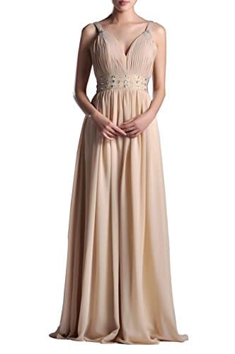 Natrual Straps Pleated Beaded V neck Chiffon Long A-line Prom Homecoming Dress -  Yellow -