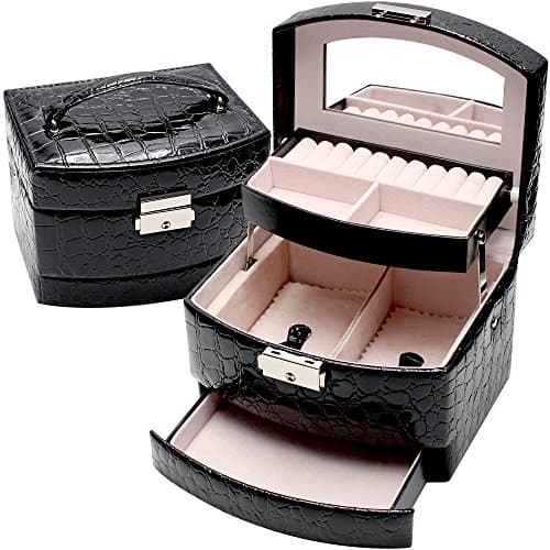Daintymuse Leather Jewelry Storage Box with Mirror & Lock for Rings Earring Collection Great Gift for Girls Black