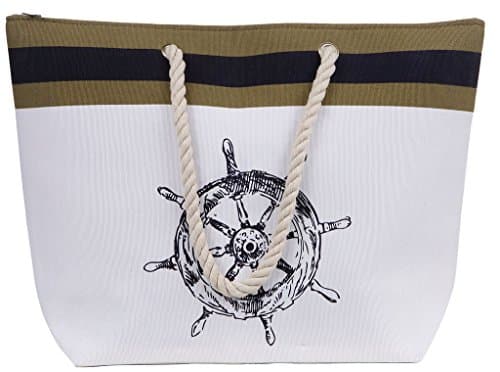 Large Water Resistant Canvas Striped Beach Bag - Inside Lining, Zippered Inner Pocket, Top Handle (White Wheel)