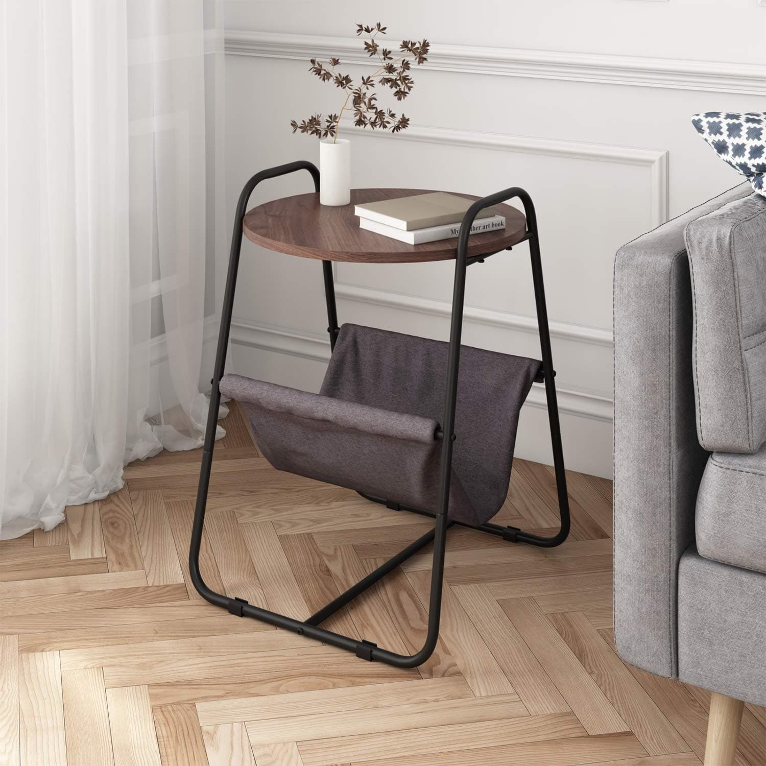 Joolihome End Table, Wooden&Metal Frame Round Coffee Snack Table with Handles and Detachable Fabric Storage Shelf, Bed/Sofa Side Table for Home, Office, Bedroom, Hallway, Living Room (Walnut color-1)