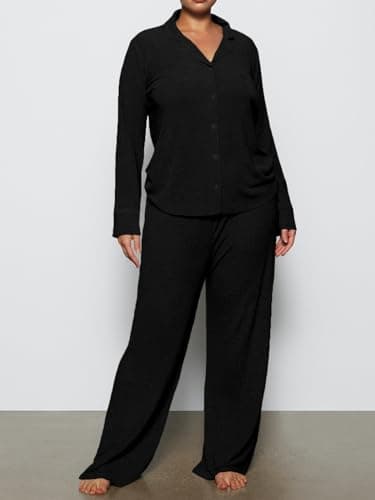 AnotherChill Women's Pajamas Set Long Sleeve Button Down Ribbed Knit 2 Piece Sleep Sets Loungewear Soft Pjs