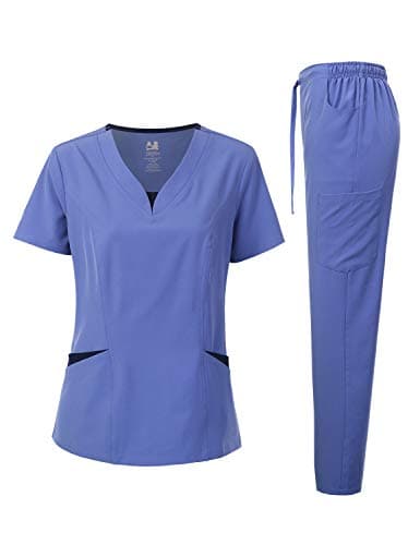 Scrubs for Women Set – 4-Way Stretch Contrast V-Neck Top and Pants Sets for Women – 9 Pockets