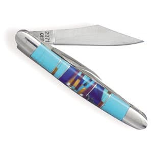 316L Stainless steel pocket knife with multicolor inlay imitation stone.