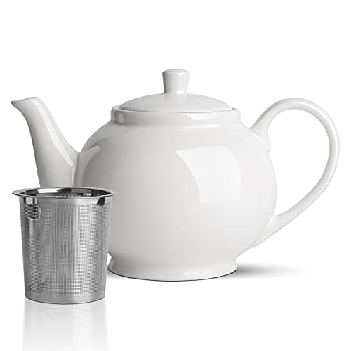 ComSaf Ceramic Teapot with Removable Infuser and Lid, Large Tea Pot with Stainless Steel Fine Mesh Strainer, 37 OZ Ceramic Tea Pot with Infusers for Loose Tea or Bags, White