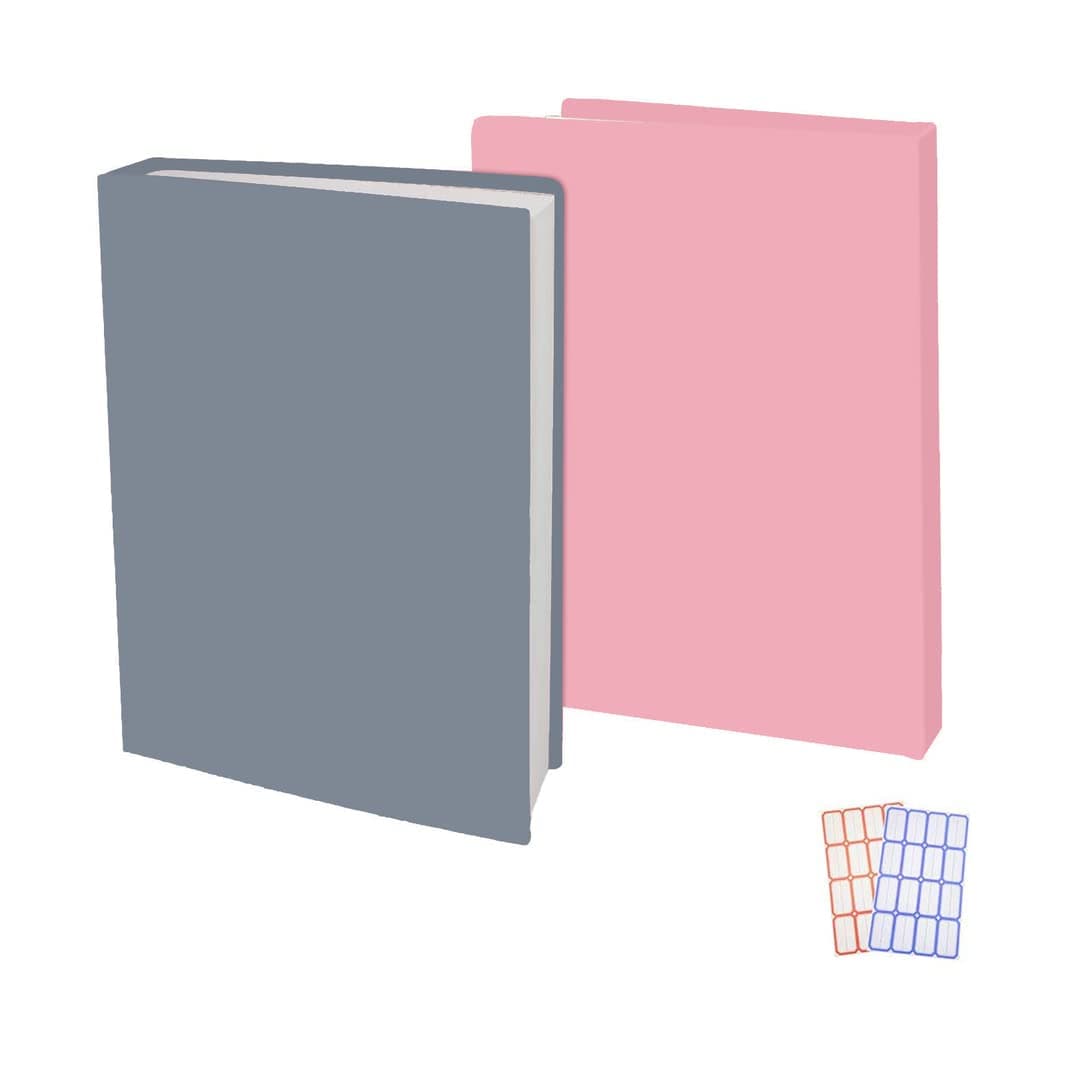 2 Pack Stretchable Book Sleeve Covers, for Paperbacks Hardcover Textbooks up to 9" x 12", Office Supplies with Free Sticker Labels (Grey + Pink)