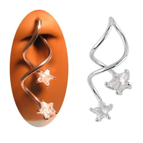Unique Spiral Long Twist w/Cz Double Star's Belly Button or Industrial Ear Piercing Navel Ring 14 Gauge