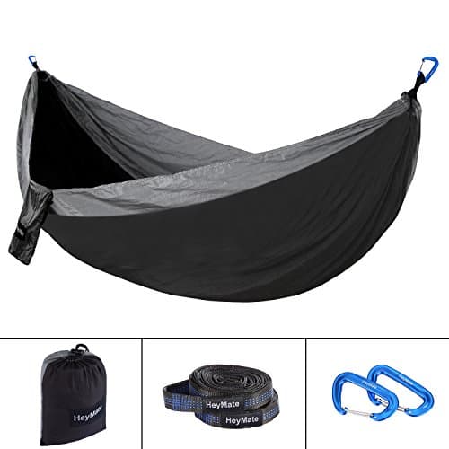 HeyMate Camping Hammock 210T Portable Lightweight Parachute Nylon Hammocks with Tree Straps&Carabiners for Backpacking, Camping, Hiking, Travel, Beach, Yard (Black/Grey, 108''x55'')