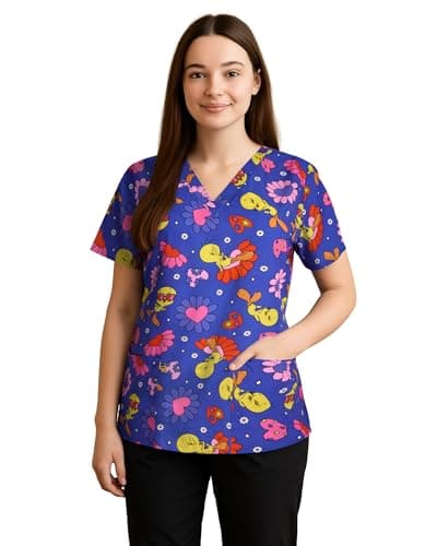 COCO BRANDS Womens Scrub Tops - Tom and Jerry Tweety V-Neck Printed Scrub Tops Women Uniform Shirts with Side Pockets (S-2XL)