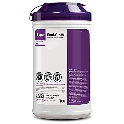 Super Sani-Cloth Germicidal Disposable Wipe, Hospital-Grade Disinfection, Purple Top, 1 Canister of 75 X-Large 5'' x 8'' Wipes