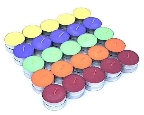 Sania India Handcraft Unscented Handmade Multicolor Smokeless Long Burning Tea Light Candles with 1.5" Aluminum Holders 4-5 Hours - 50 Pack