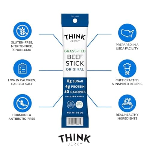 Think Jerky Original Beef Sticks, Gluten and Sugar Free, No Nitrates, Keto Paleo Friendly High Protein Low Carb Meat Snack - 0.5 oz Sticks, 20 Pack