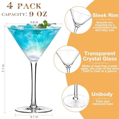 HEIP Martini Glasses Set of 4, 9 oz Crystal Cocktail Glasses, Hand Blown Crystal Martini Glasses for Espresso Martini, Cosmopolitan, Manhattan, Gimlet, Home Bar, Party, Martini Glassware Gift Set