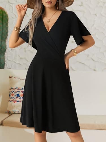 FENSACE Womens Sundress Summer Floral Short Sleeve Wrap V Neck A-Line Midi Dress