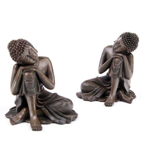 Set Of 2 Wood Effect Brown Resting Thai Buddha Figurines Ornaments