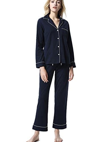 Women's Comfort Button-up Sleepwear Set,Long Sleeves Pajamas(S-L) (S, Navy Blue)