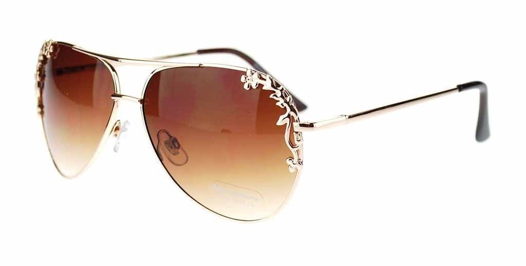Womens Metal Flower Foliage Trim Tear Drop Designer Fashion Aviator Sunglasses-Gold
