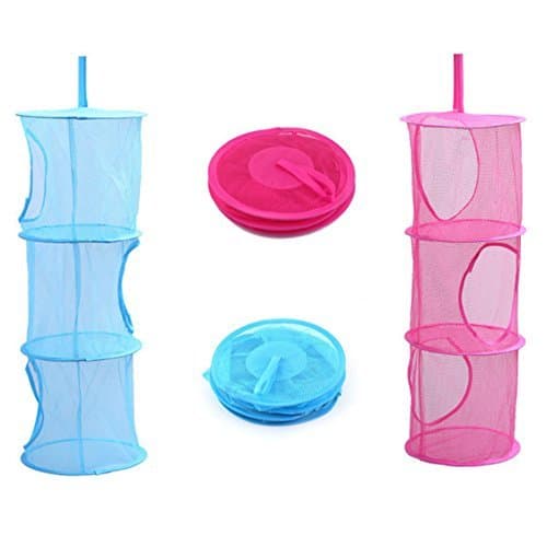 Hanging Mesh Space Saver Bags Organizer 3 Compartments Toy Storage Basket for Kids Room Organization mesh Hanging Bag 2 Pcs Set, Random Colors
