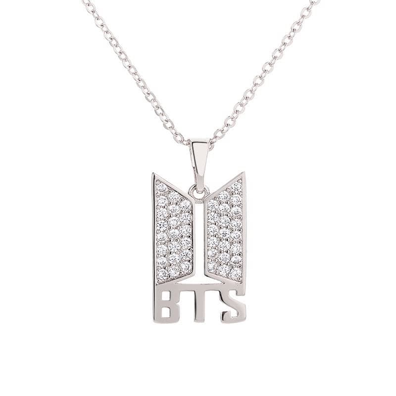 BTS Logo with Text and Rhinestone Pendant For BTS Army Merchandise Necklace/Locket Chain for Army Girls Silver