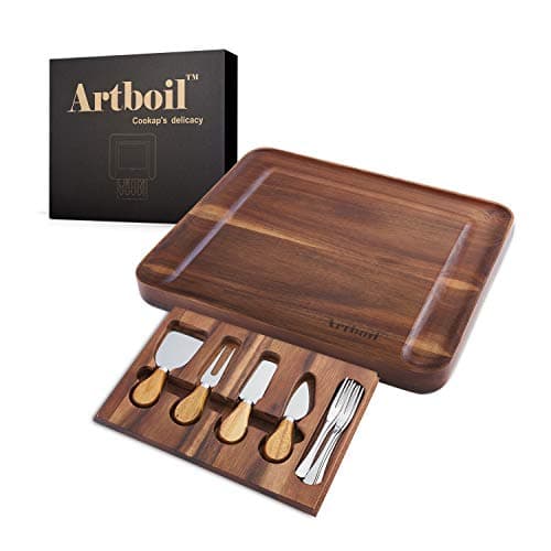 Artboil Acacia Wood Cheese Board Set w/Hidden Drawer for Cutlery Set - Large Enough - Gift for Mother, Father, Wedding, Housewarming, Anniversary, Christmas