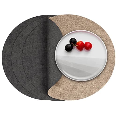 Myir JUN Round Placemats Dual Sided, Faux Leather Place Mats Set of 4 Indoor Placemat for Dining Table Outdoor Place Mat Non-Slip Washable Table Mats (Gray Beige, Set of 4)