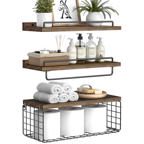 Bathroom Shelves, Floating Shelves Over Toilet Paper Holder, Wall Mounted Rustic Wood Storage Basket Shelves for Bedroom, Living Room & Kitchen, Set of 3 (Brown)