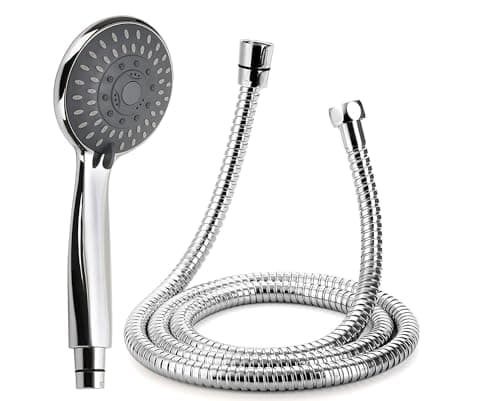 Shower Heads Handheld and Shower Hose, CompraFun Power Showerhead Sprayer Stainless Steel 5 Functions Bathroom Handheld Showers High Pressure Water-Saving Universal Shower Plumbing with Shower Hose, Brass Coupler, Polished Chrome, Powerful Jets