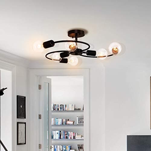 OYIPROSemi Flush Ceiling Light Fitting, 6-Lights Ceiling Lamp, Modern Chandelier, E27 Socket Black Metal Lamps, for Living Room, Bedroom, Kitchen