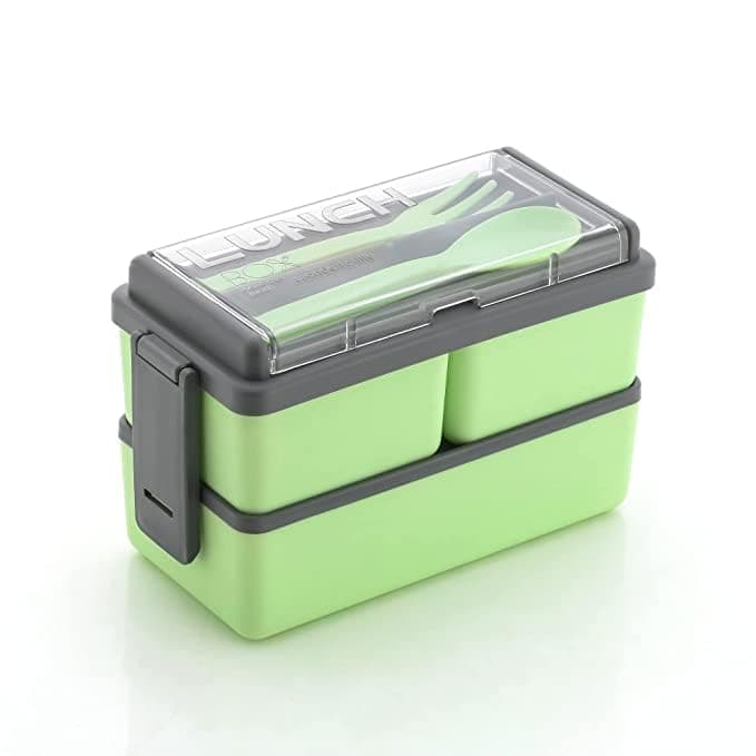 DOLMIL- 3 Compartment Lunch Box for Office Men and Lunch Box for Kids, Microwave Safe Lunch Boxes (Pack of 1, Green & Grey, Plastic), 1400 Milliliter