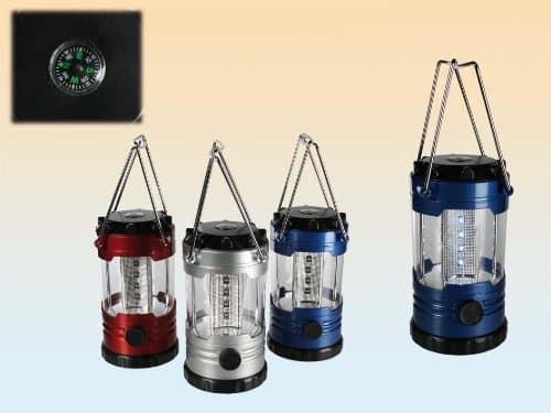 Set of 3 CAMPING LAMPS / GARDEN LANTERNS / HOBBY LAMPS - with 12 LED + compass in 3 colors Blue - Red - Silver