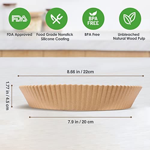 Puricon Air Fryer Disposable Non-Stick Round AirFryer Parchment Paper Liners for Baking Microwave, Food Grade Oil-Proof Unbleached -7.9 Inch - Brown