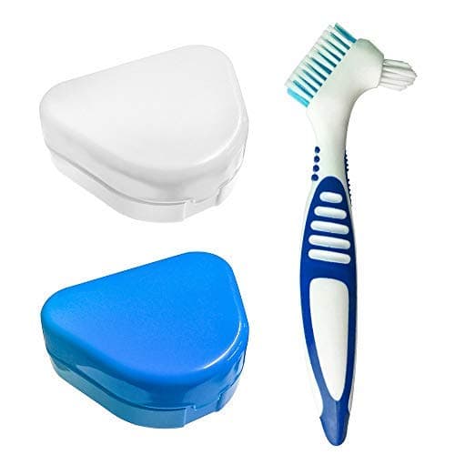 Slim Orthodontic Retainer Box Case with Vent Holes, 2Pcs Denture Storage Container Box Dental Case with Denture Brush for Ortho Retainers Sports Dental Appliances