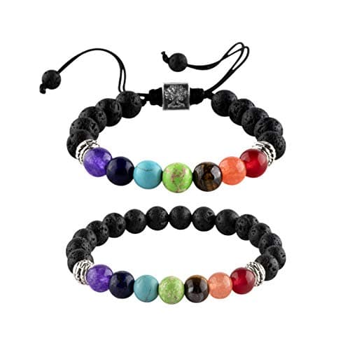 2 Pcs Black Lava Beaded Bracelet 7 Chakras Gem Stone with Braided Rope Essential Oils Diffuser Bracelet