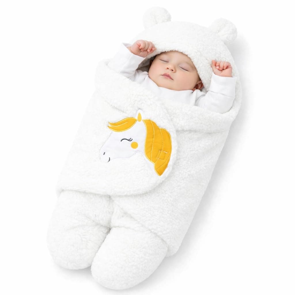Baby Swaddle Wrap for Newborn 0–9 Months | Wearable Flannel Baby Sleeping Bag with Hood & Velcro | All Season Baby Blanket, Carry Wrap, Winter Swaddle for Boys & Girls (68 × 68 cm)