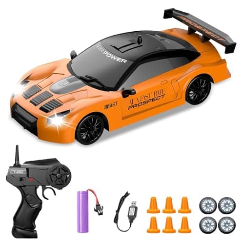1:24 RC Drift Car – 4WD 20 Km/h High-Speed Remote Control Car with LED Lights, Racing & Drifting Wheels, Rechargeable Battery – Toy Gift for Boys,Girls White (Orange)