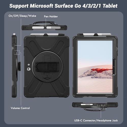 Microsoft Surface Go 3/ Surface Go 2 10.5 Inch/ Surface Go 10 Inch Case, Heavy Duty Rugged Shockproof Kids Friendly Hybrid Silicone Case W/ Stand Hand Strap Carrying Shoulder Strap Pen Holder, Black