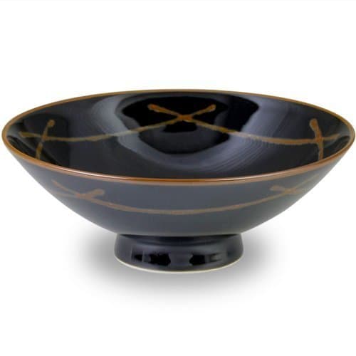 New Hakusan pottery black bowl with brown lines from Japan E-4