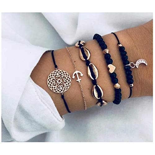 Sweetstore Women BraceletNatural Link Chain Bracelet Set Heart Handmade Boho Resin Adjustable Rope Bracelet for Unisex,Pendant Bracelet Five-Piece