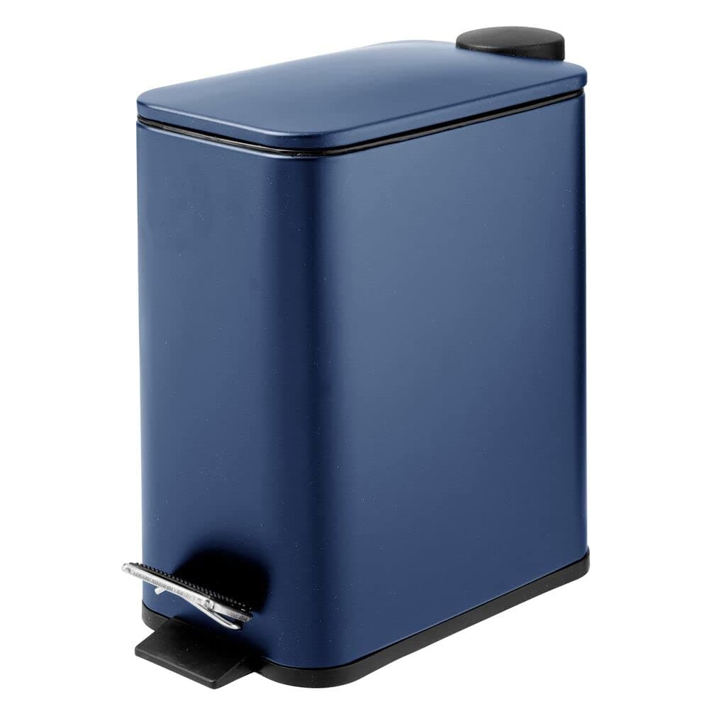 mDesign 1.3 Gallon Rectangular Slim Metal Trash Can - Foot Pedal, Easy-Close Lid, Narrow Wastebasket, Garbage Container Bin - Bathroom, Bedroom, Kitchen, Home Office, Removable Liner, Navy Blue