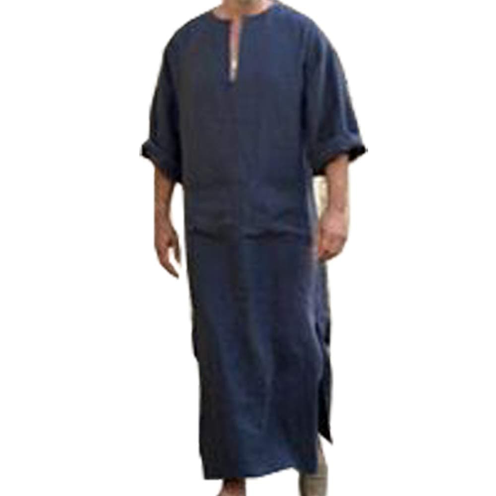 Huateng Men's Casual Ethnic Muslim Thobe,Linen Kaftan Middle East Saudi Arabic Robes Dresses with Pockets