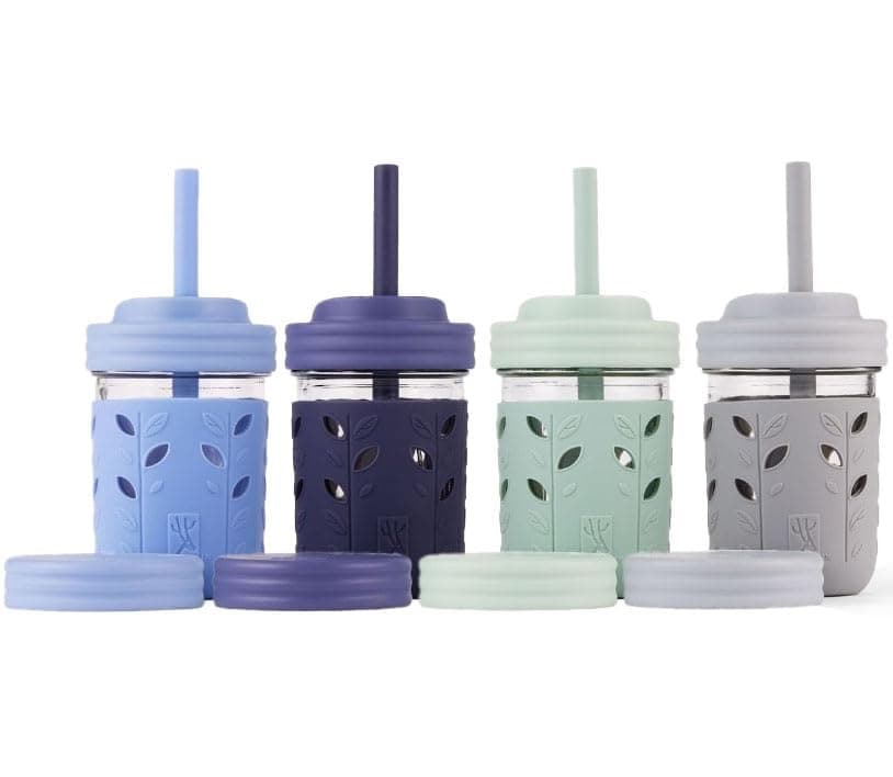 Elk and Friends Kids + Toddler Glass Cups | The Original 8oz Glass Mason Jar with Sleeves + Lids | Silicone Straws + Stopper | Smoothie Cup | Food Storage | Spill Resistant | Dishwasher Safe | 4 Pack