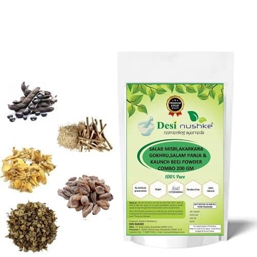 Desi Nushke Gokhru, Salab Mishri, Kaunch Beej, Salam Panja & Akarkara Root Powder for Men 200gm |1 Month Combo Pack | Herbal Energy Booster 100% Natural & Ayurvedic Blend