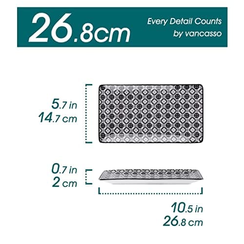 vancasso Haruka Porcelain Serving Platters/Rectangular Plates Sushi Set Porcelain Japanese Style Nippon Black - 4 Packs