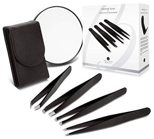 Brilliant Beauty4-Piece Professional Tweezer Set with Case & Mirror by Precision Tweezers Kit Slant, Pointed, Curved & Flat Tips for Eyebrow, Ingrown Hair, Splinter Removal, Black, 1 Count