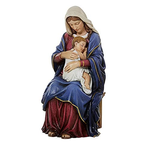 Blessed Mother Virgin Mary 5.5" Standing Resin Statue. Beautiful Figurine of Virgin Mary Cradeling and Holding Infant Baby Christ in her arms Includes Laminated Prayer Card