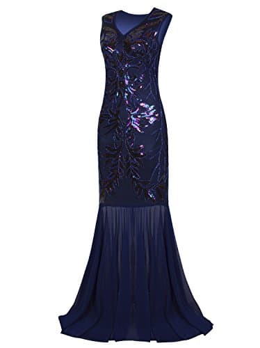 VIJIV 1920s Long Prom Dresses V Neck Beaded Sequin Gatsby Maxi Evening Dress