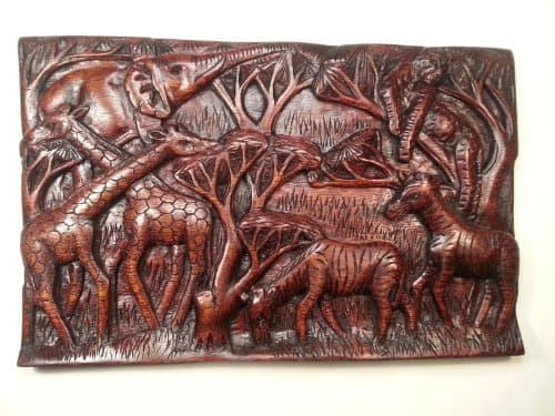 Art Afrique African Wooden Hand Carved Plaque: Elephant, Leopard, 2 Giraffes and 2 Zebras