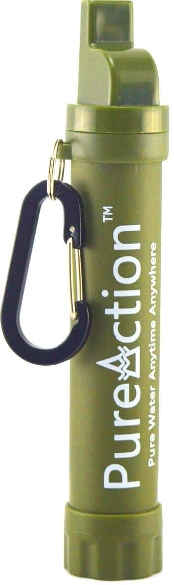PureAction Filter - Personal Water Purifier Straw With Bottle Attachment, Compass, Carabiner and Mirror - Removes Protozoa and Bacteria - Filters Up To 1500 Liters - Highest Filtration To 0.1 Microns