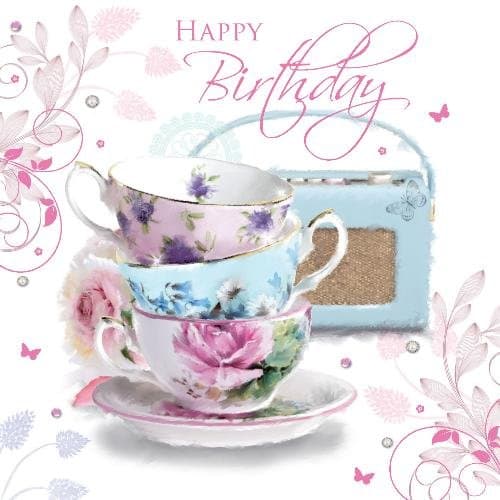 Tea Cups & Saucer Radio Butterfly Flowers Design Female Happy Birthday Card