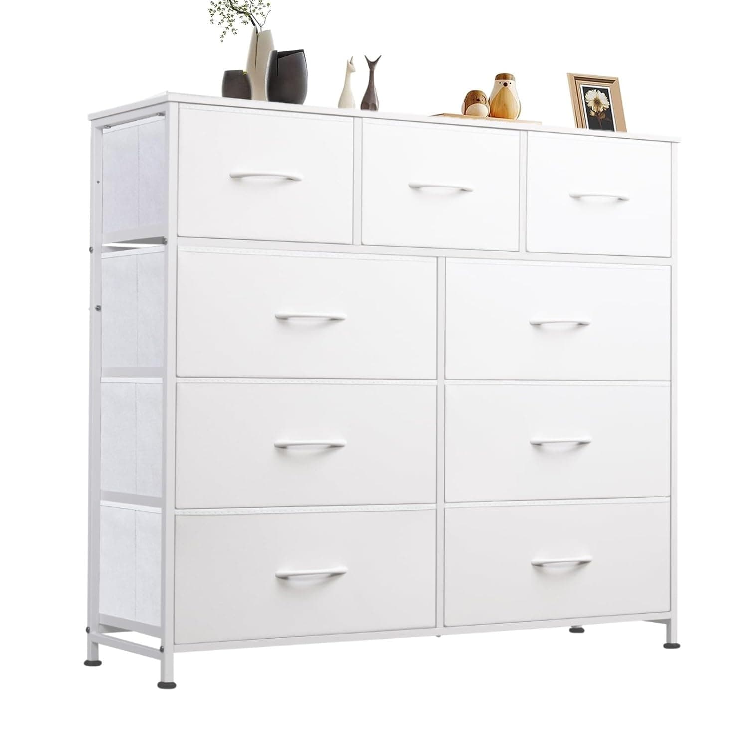SKY-TOUCH Storage Cabinet : Bedroom Dresser with 9 Drawers Wide Storage Chest with Removable Fabric Bins Storage Organizer Unit for Living Room Entryway Hallway Nursery Kids Room (100*30*96CM White)
