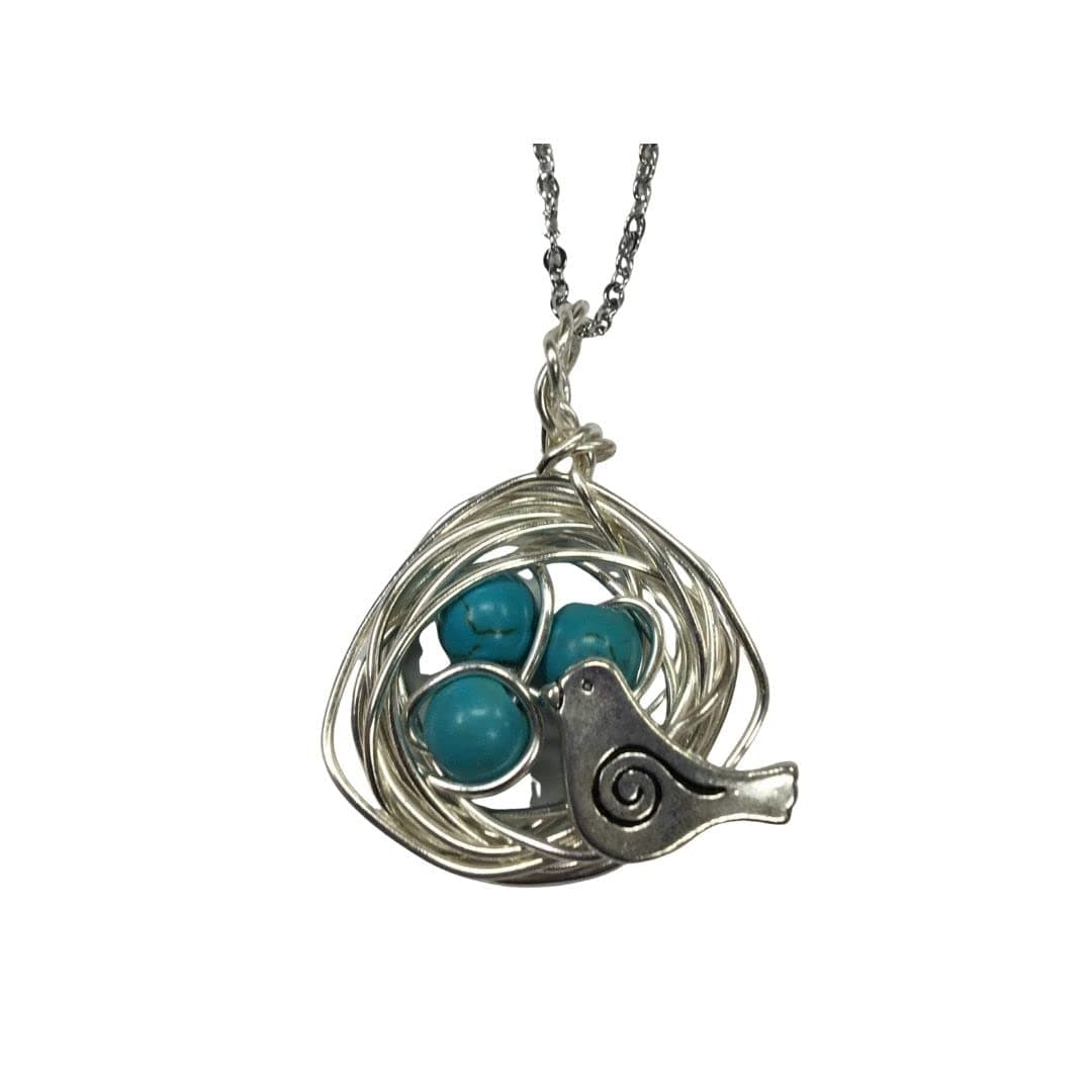 Robins Nest or Bird's Nest Pendant with 3 Turquoise Eggs on a 24 inch stainless steel link chain